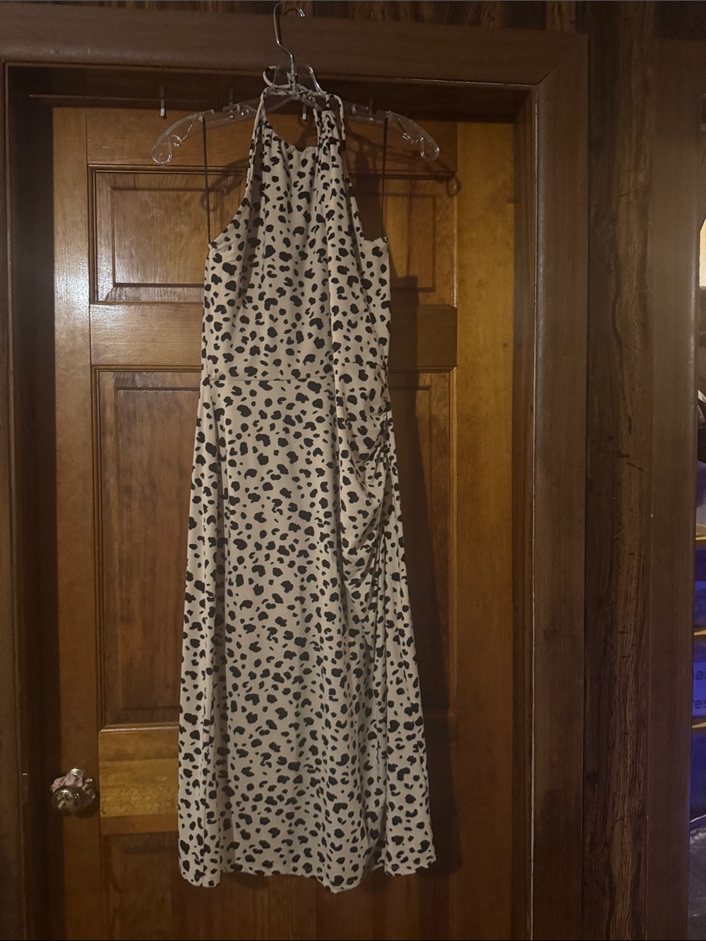 Wayf Cream Halter Midi Dress with Black Spot Print